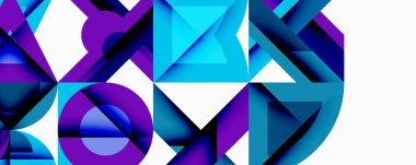 Soyut geometrik bileşim. Canlı maviler, morlar dinamik etkileşimler yaratır. Şekiller üst üste biniyor, modern kalıplar oluşturuyor. Temiz çizgiler ve kalın renkler tasarımda baskın..