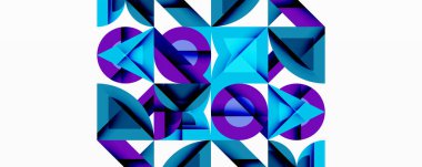 Soyut geometrik desen. Mavi, mor şekiller birbirine kenetlenerek karmaşık bir tasarım oluşturuyor. Modern, canlı, görsel olarak ilginç bir kompozisyon. Minimalist estetik.