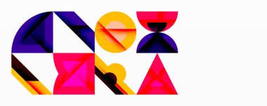 Soyut geometrik şekiller örtüşür ve canlı bir bileşim yaratır. Mor, sarı, pembe renkler tasarımda baskın. Modern estetik, temiz çizgiler cesur görsel ifadeler sunar.