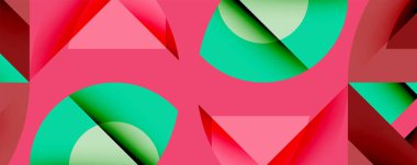 Soyut geometrik bileşim. Üst üste binen üçgenler, yarım daireler dinamik görsel efekt yaratır. Kırmızı, yeşil renkler tasarımda baskın. Modern, canlı estetik..