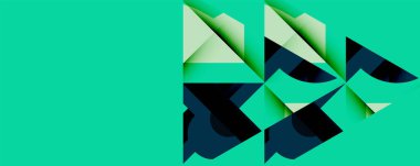 Soyut geometrik tasarım katmanlı üçgenler içerir. Gölgeler koyu denizden açık yeşile, canlı deniz mavisi arkaplanına ayarlı. Minimalist, modern estetik.