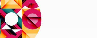 Soyut geometrik bileşim. Canlı şekiller örtüşüyor, dinamik görsel ilgi yaratıyor. Parlak renkler beyaz arkaplana karşı sol tarafı domine eder. Modern tasarım elemanları.