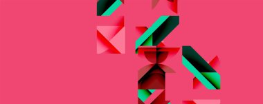 Soyut geometrik şekiller örtüşür, dinamik bileşim yaratır. Kırmızı, deniz mavisi, siyah renkler pembe arkaplanla tezat oluşturuyor. Modern tasarım enerjiyi, hareketi, görsel ilgiyi çağrıştırıyor.