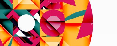 Soyut geometrik bileşim. Canlı renkler kesişiyor, dinamik şekiller yaratıyor. Çemberler, üçgenler, dikdörtgenler üst üste binerek modern tasarımı oluşturuyorlar. Parlak, enerjik görsel deneyim.