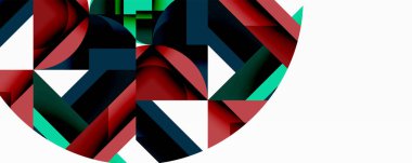 Soyut geometrik bileşim. Üst üste binen şekiller dinamik görsel efekt yaratır. Kırmızı, deniz mavisi, koyu mavi renkler tasarımda baskın. Modern, minimalist estetik.