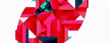 Soyut geometrik bileşim. Kırmızı, pembe, deniz mavisi şekilleri örtüşüyor ve dinamik görsel doku oluşturuyor. Modern tasarım, temiz çizgiler, kalın renkler imaja hakim.