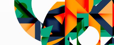 Soyut geometrik bileşim. Üst üste binen şekiller dinamik görsel efekt yaratır. Turuncu, yeşil, donanma, beyaz renkler tasarımda baskın. Modern, canlı estetik..