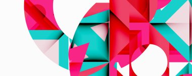 Soyut geometrik bileşim. Pembe, turkuaz, kırmızı şekiller üst üste biniyor. Modern tasarım, dinamik açılar görsel ilgi yaratır. Temiz çizgiler, canlı renkler..