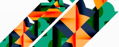 Soyut geometrik bileşim. Kalın şekiller kesişir, dinamik görsel efekt yaratır. Turuncu, yeşil, donanma renkleri baskın, beyaz köşegen çizgisi ile zıt. Modern tasarım.