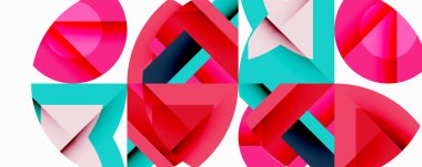 Soyut geometrik bileşim. Üst üste binen şekiller, dinamik görsel ilgi yaratır. Parlak pembeler, turkuazlar, koyu kırmızılar dizaynın hakimi. Modern, eğlenceli estetik..