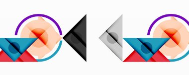 Soyut geometrik bileşimlerde daireler, üçgenler, kavisler var. Renkler kırmızı, mavi, turuncu, mor, gri. Şekiller örtüşür ve dinamik görsel ilgi yaratır. Minimalist tasarım.