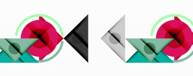 Soyut geometrik bileşimlerde daireler, üçgenler, kareler var. Şekiller örtüşüyor, dinamik görsel ilgi yaratıyor. Renkler arasında pembe, deniz mavisi, siyah, gri, yeşil yer alıyor. Minimalist tasarım.