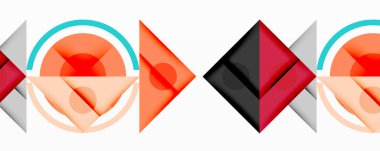 Soyut geometrik şekiller örtüşüyor, canlı renk eğimleri yaratıyor. Çemberler, üçgenler, elmaslar tekrar eden desenler oluşturuyor. Modern tasarım, temiz çizgiler, minimalist estetik.