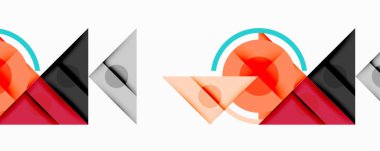 Soyut geometrik şekiller örtüşür, dinamik kompozisyonlar oluşturur. Turuncu, kırmızı, siyah, gri, turkuaz renkler modern tasarım elementlerini sunar. Minimalist estetik, temiz çizgiler görsel etkiyi tanımlar.