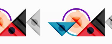 Soyut geometrik desenler üst üste binen üçgenler, daireler, kavisler. Renkler arasında kırmızı, turuncu, mavi, siyah, gri, mor yer alıyor. Temiz çizgileri olan minimalist tasarım, modern estetik..