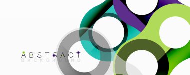 Renkli üst üste binen daireler dinamik soyut kompozisyon oluşturur. Modern tasarım canlı yeşil, mor, deniz mavisi ve gri renklere sahiptir. Temiz estetik çeşitli projelere uygun.