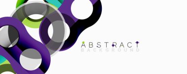 Modern tasarım üst üste binen daireler, canlı renkler içerir. Mor, deniz mavisi, yeşil, gri dinamik bileşim yaratır. Temiz estetik çeşitli dijital projelere uygun.