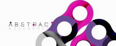 Modern soyut tasarım birbirine bağlı daireler, canlı mor renkler gri tonlarla harmanlanmış. Dinamik bileşim görsel olarak çekici arkaplan ögesi oluşturur.