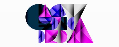 Soyut geometrik bileşim. Şekiller çakışıyor, dinamik görsel etki yaratıyor. Mor, mavi, gri tonlar tasarımda baskın. Modern, canlı estetik..