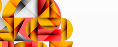 Soyut geometrik bileşim. Üst üste binen şekiller dinamik görsel efekt yaratır. Sıcak renkler baskın, serin grilerle zıt. Modern tasarım ögesi.