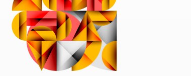 Soyut geometrik bileşim. Üst üste binen şekiller dinamik görsel efekt yaratır. Sıcak kırmızılar, sarılar serin grilerle, beyazlarla tezat oluşturuyor. Modern tasarım ögesi.