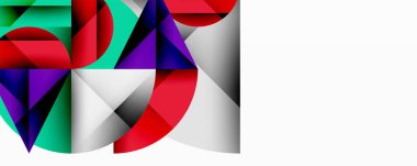 Soyut geometrik bileşim. Üst üste binen şekiller, dinamik görsel ilgi yaratır. Parlak renkli, mor, beyaz alan ile tealkontrastlı. Modern tasarım, temiz çizgiler, kalın estetik..