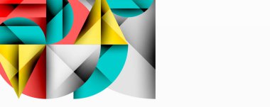 Soyut geometrik bileşim. Üst üste binen şekiller, dinamik görsel ilgi yaratır. Parlak renkli, sarı, turkuaz, gri renkli tasarım. Minimalist estetik, modern his.