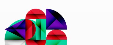 Soyut geometrik bileşim. Üst üste binen renkli yarı daireler, üçgenler dinamik görsel efekt yaratır. Beyaz arka planda parlak renklerin karşıtlığı. Modern tasarım ögesi.