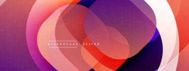 Soyut katmanlı şekiller canlı bir gradyan bileşimi yaratır. Üst üste binen daireler dinamik görsel akış oluşturur. Mor, turuncu, pembe renkler harmanlanır. Modern tasarım ögesi.