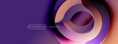 Soyut tasarım katmanlı daireler, gradyan renkler içerir. Mor baskın, turuncu ve pembe karışımı. Modern estetik, pürüzsüz geçişler dinamik görsel etki yaratır.
