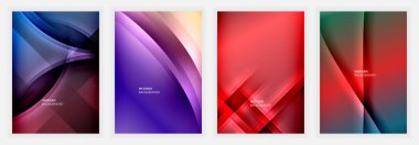 Dört soyut arka plan dinamik kıvrımlar, katmanlar, canlı renkler gösteriyor. Modern tasarımlar hareket, derinlik ve görsel ilgi gösteriyor. Mevcut en küçük metin.