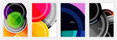 Soyut tasarımlarda üst üste binen daireler, dinamik kompozisyonlar oluşturur. Renk paletleri yeşil, mor, kırmızı, mavi, turuncu, gri, siyahtır. Modern estetik arka plan veya grafik elementler için uygundur.