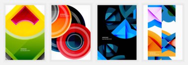 Dört enerjik soyut tasarım. Geometrik şekiller örtüşür, dinamik bileşimler yaratır. Parlak renkler, portakallar, maviler, her görüntüyü kırmızıya boyar. Modern estetik, temiz çizgiler.