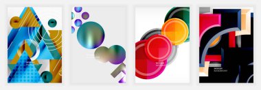 Dört enerjik soyut tasarım. Geometrik şekiller örtüşür, dinamik bileşimler yaratır. Renkler arasında maviler, portakallar, morlar, kırmızılar, yeşiller var. Modern estetik, arka plan ya da el ilanları için uygun..