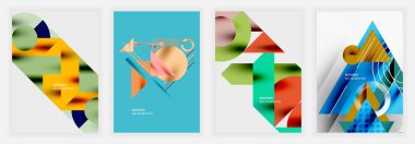 Dört canlı geometrik tasarım. Şekiller örtüşüyor, renkli değişimler yaratıyor. Modern arka planlarda üçgenler, daireler, kareler, çizgiler, eğriler var. Soyut kompozisyonlar dinamik görsel cazibe sunar.