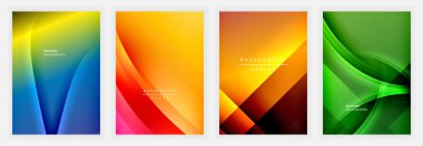 Dört canlı arka plan pürüzsüz eğimler ve akış çizgileri gösteriyor. Tasarımlarda sıcak, havalı renk paletleri var. Dijital projeler ve sunumlar için modern estetik.