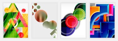 Soyut geometrik tasarımlar bu canlı arka planlara hakim. Şekiller örtüşüyor, kalın renkler, gradyanlar, daireler, üçgenler, dikdörtgenler ile dinamik kompozisyonlar oluşturuyor. Modern estetik.