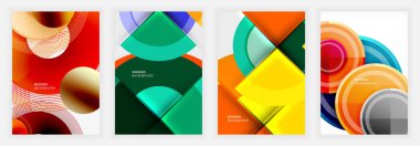 Soyut geometrik tasarımlar. Üst üste binen şekiller canlı kompozisyonlar yaratır. Modern arkaplanda daireler, kareler, çizgiler, gradyanlar var. Renkli görüntüler dinamik enerji öneriyor.