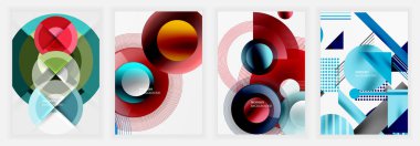 Dört soyut arkaplanda üst üste binen geometrik şekiller, canlı renkler ve gradyanlar var. Tasarımlar daireler, kareler, modern görsel cazibe yaratan çizgiler içerir. Mevcut en küçük metin.