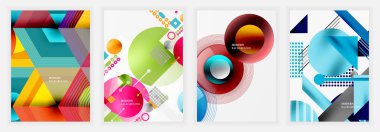 Dört enerjik soyut tasarım. Geometrik şekiller örtüşür, renkli kompozisyonlar oluşturur. Modern arkaplanda daireler, altıgenler, kareler, çizgiler, noktalar, gradyanlar var. Parlak renkler görsellere hakim olur.