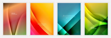 Dört soyut geçmiş. Dinamik eğriler, canlı eğimler modern tasarımlar yaratır. Renkler arasında turuncu, sarı, mavi, yeşil yer alıyor. Metin ögeleri mevcut, en düşük biçim.