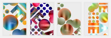 Dört canlı soyut arkaplan. Geometrik şekiller çakışıyor, renkli gradyanlar yaratıyor. Modern tasarımlar daireleri, kareleri, dikdörtgenleri, pürüzsüz geçişleri kullanır. Dijital projeler için görseller.