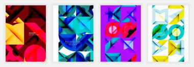 Dört soyut geometrik tasarım. Canlı renkler, üst üste binen şekiller dinamik bileşimler yaratır. Posterler, el ilanları, sunumlar için modern arka planlar.
