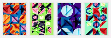 Dört canlı geometrik arka plan. Tasarımlar üst üste binen şekiller, üçgenler, daireler, kareler. Parlak renkler modern estetik yaratır. Minimalist tarz, soyut kalıplar.