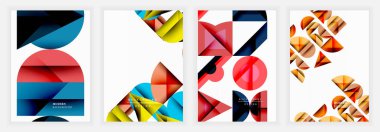 Dört soyut geometrik tasarım. Şekiller örtüşüyor, dinamik kompozisyonlar oluşturuyor. Renkler arasında kırmızı, mavi, sarı, turuncu, siyah ve artı gradyanlar yer alıyor. Modern estetik.