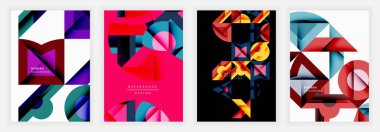 Dört enerjik soyut tasarım. Geometrik şekiller örtüşür, dinamik bileşimler yaratır. Renkler arasında mor, pembe, deniz mavisi, sarı, kırmızı, siyah, beyaz sayılabilir. Modern estetik.