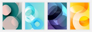 Dört soyut arka planda üst üste binen daireler var, dinamik kompozisyonlar oluşturuyorlar. Renkler çeşitli, mavi, mor, eğimli ve metin elementli turuncu. Modern tasarım estetik.