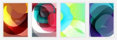 Dört canlı soyut arkaplan. Üst üste binen şekiller, gradyanlar, eğriler ve modern tasarım elementleri kullanarak dinamik bileşimler oluşturur. Renkler arasında sarı, mavi, yeşil, mor.