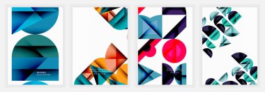 Dört soyut geometrik tasarım. Canlı renkler, keskin açılar, üst üste binen şekiller modern görsel cazibe yaratır. Minimalist tarz, dinamik kompozisyonlar.