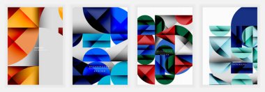 Soyut geometrik tasarımlar. Canlı renk paletleri baskın, üçgenler, daireler, kareler. Modern arka planlar dijital sanat, temiz estetik, dinamik kompozisyonlar öneriyor.